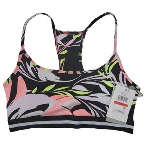 DKNY Abstract Floral Black Neon Yellow Athletic Athleisure Racerback Sports Bra